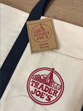 NEW • Trader Joe's LARGE, NAVY blue handles reusable canvas tote bag, Red Logo